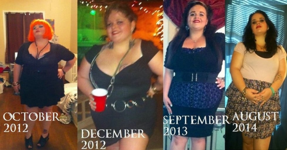 A photo of a 5'3" woman showing a weight loss from 320 pounds to 209 pounds. A total loss of 111 pounds.