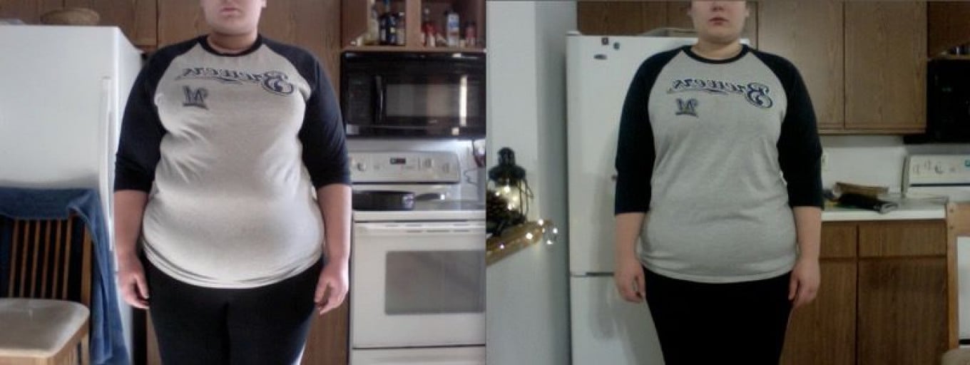 A progress pic of a 5'10" woman showing a fat loss from 323 pounds to 293 pounds. A total loss of 30 pounds.