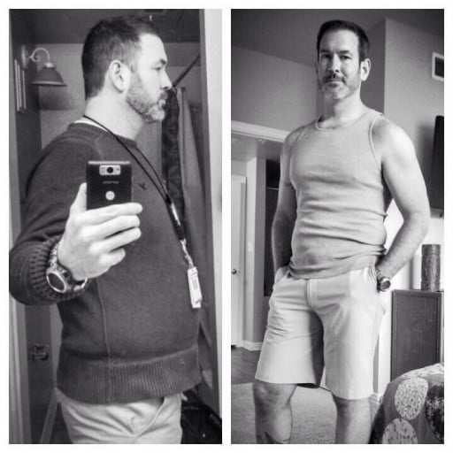 A photo of a 6'1" man showing a fat loss from 265 pounds to 225 pounds. A total loss of 40 pounds.