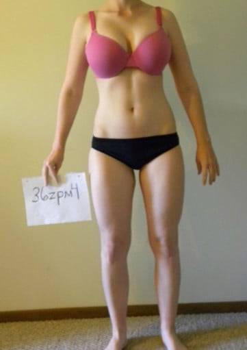 A before and after photo of a 5'6" female showing a snapshot of 142 pounds at a height of 5'6