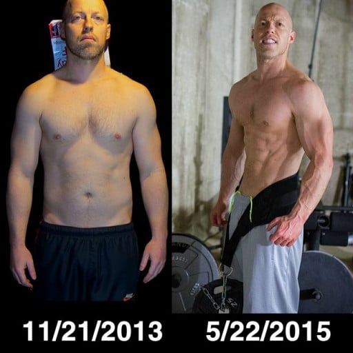 A before and after photo of a 5'9" male showing a weight reduction from 190 pounds to 175 pounds. A net loss of 15 pounds.