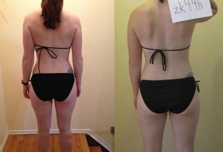 A before and after photo of a 5'8" female showing a snapshot of 140 pounds at a height of 5'8