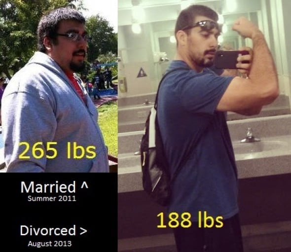 A progress pic of a 6'0" man showing a fat loss from 265 pounds to 188 pounds. A respectable loss of 77 pounds.