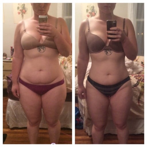 A before and after photo of a 5'6" female showing a weight reduction from 199 pounds to 185 pounds. A respectable loss of 14 pounds.