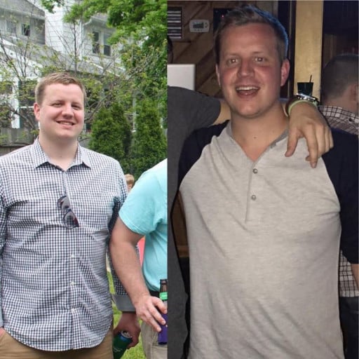 A picture of a 6'0" male showing a weight loss from 225 pounds to 195 pounds. A net loss of 30 pounds.