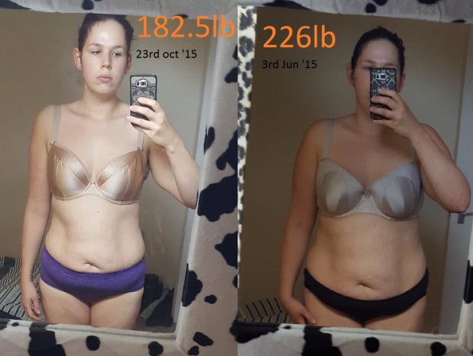 A picture of a 5'8" female showing a weight cut from 272 pounds to 182 pounds. A respectable loss of 90 pounds.