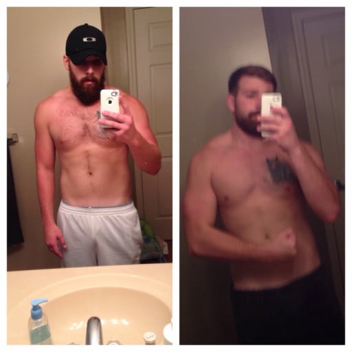 A progress pic of a 6'0" man showing a fat loss from 185 pounds to 180 pounds. A total loss of 5 pounds.