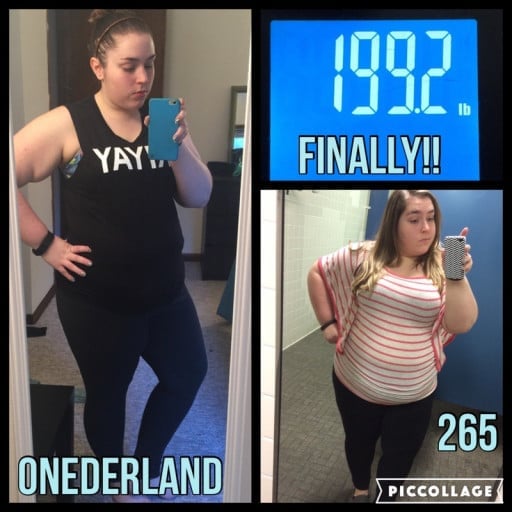 A progress pic of a 5'1" woman showing a weight loss from 265 pounds to 200 pounds. A total loss of 65 pounds.