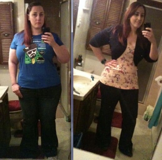 A picture of a 5'8" female showing a weight loss from 250 pounds to 214 pounds. A respectable loss of 36 pounds.