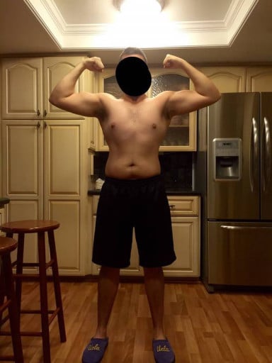 A progress pic of a 6'0" man showing a weight cut from 200 pounds to 165 pounds. A total loss of 35 pounds.