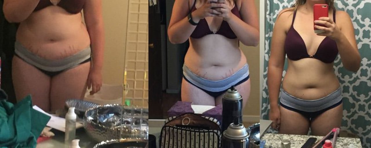 A before and after photo of a 5'5" female showing a fat loss from 221 pounds to 170 pounds. A net loss of 51 pounds.
