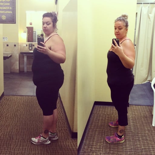 A before and after photo of a 5'7" female showing a weight reduction from 275 pounds to 245 pounds. A total loss of 30 pounds.