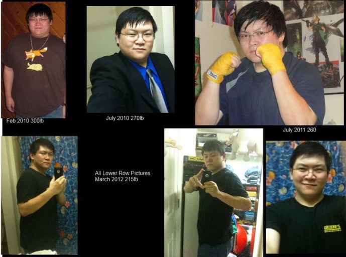 A before and after photo of a 5'6" male showing a weight cut from 215 pounds to 170 pounds. A total loss of 45 pounds.