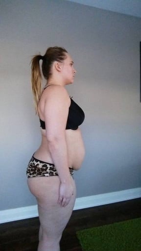 A before and after photo of a 5'7" female showing a snapshot of 211 pounds at a height of 5'7