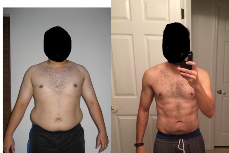 A picture of a 5'6" male showing a weight loss from 230 pounds to 150 pounds. A total loss of 80 pounds.