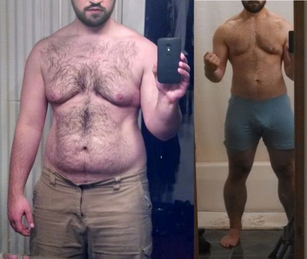 A progress pic of a 5'10" man showing a fat loss from 230 pounds to 190 pounds. A respectable loss of 40 pounds.