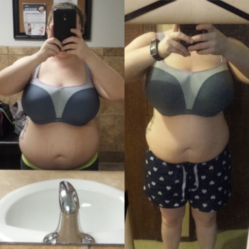 A photo of a 5'1" woman showing a weight loss from 185 pounds to 165 pounds. A total loss of 20 pounds.