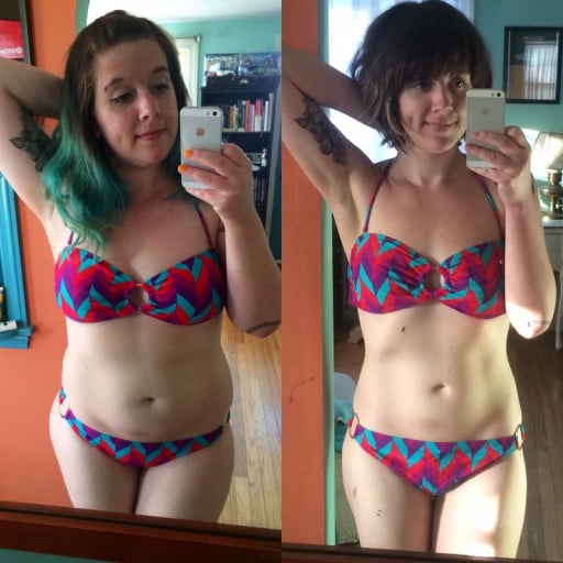 A picture of a 5'8" female showing a weight loss from 206 pounds to 156 pounds. A respectable loss of 50 pounds.
