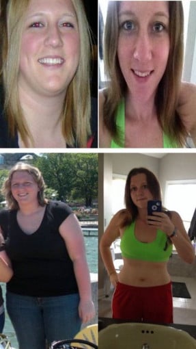 A progress pic of a 5'9" woman showing a fat loss from 255 pounds to 175 pounds. A total loss of 80 pounds.
