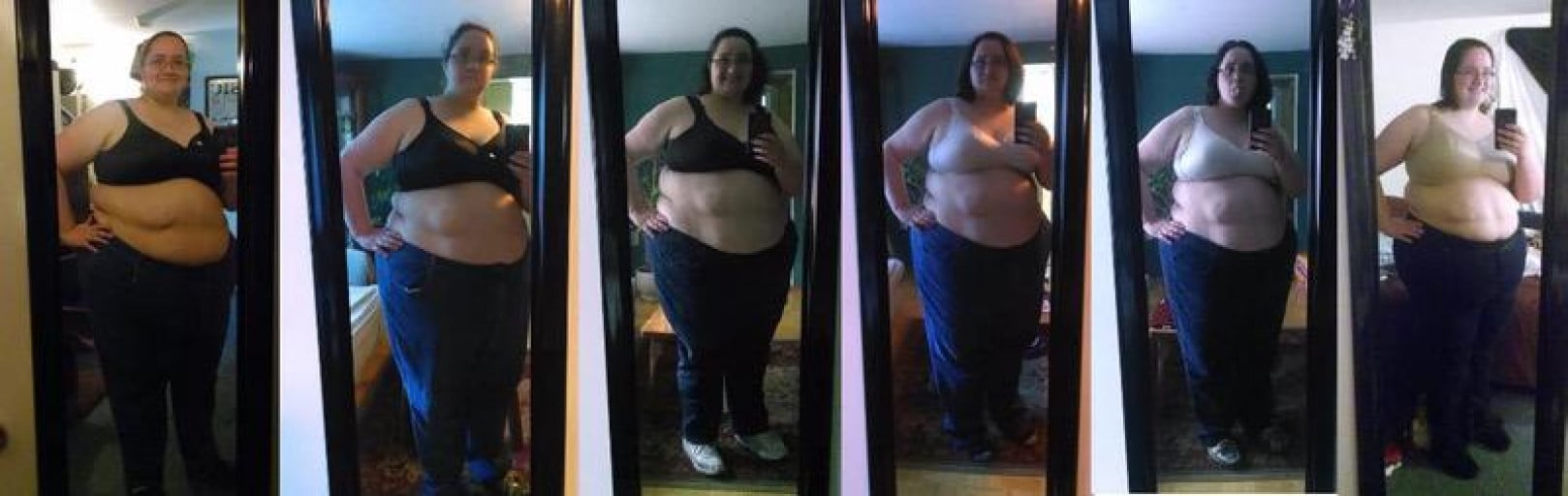 A progress pic of a 5'6" woman showing a fat loss from 371 pounds to 329 pounds. A total loss of 42 pounds.