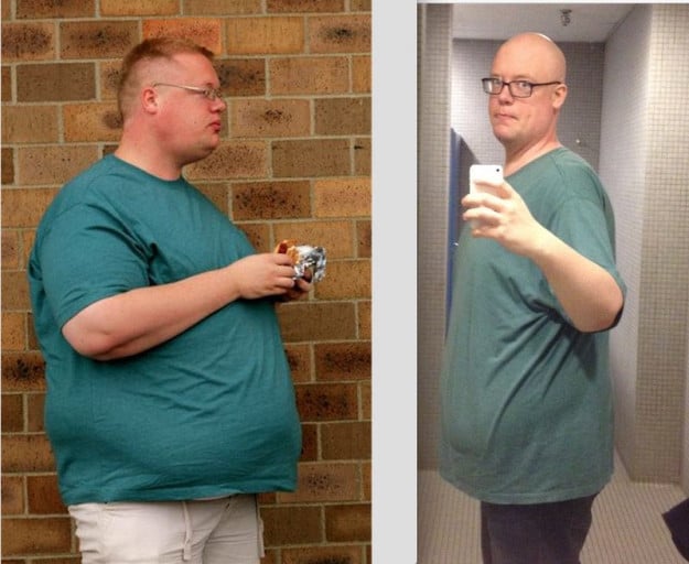 A photo of a 6'3" man showing a weight cut from 400 pounds to 285 pounds. A respectable loss of 115 pounds.