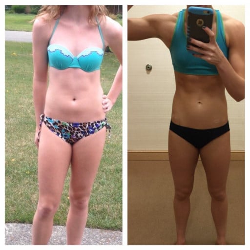 A photo of a 5'9" woman showing a weight cut from 135 pounds to 125 pounds. A respectable loss of 10 pounds.