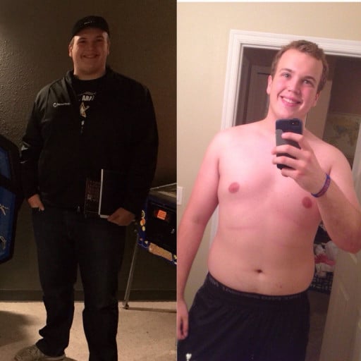 A photo of a 6'5" man showing a weight cut from 300 pounds to 251 pounds. A net loss of 49 pounds.