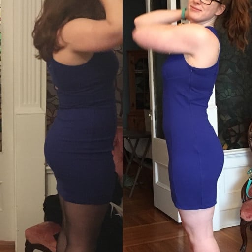 A picture of a 5'8" female showing a fat loss from 183 pounds to 160 pounds. A respectable loss of 23 pounds.