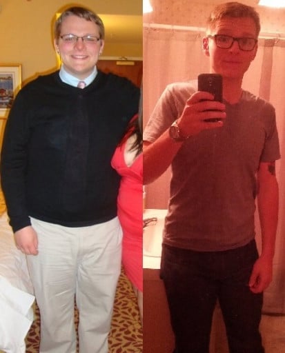A picture of a 6'2" male showing a weight loss from 300 pounds to 195 pounds. A total loss of 105 pounds.
