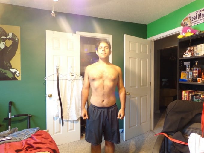 A photo of a 5'8" man showing a weight loss from 205 pounds to 165 pounds. A net loss of 40 pounds.