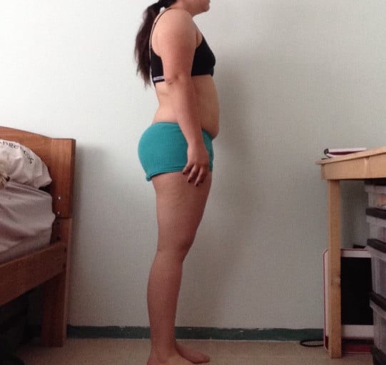 A before and after photo of a 5'4" female showing a snapshot of 150 pounds at a height of 5'4