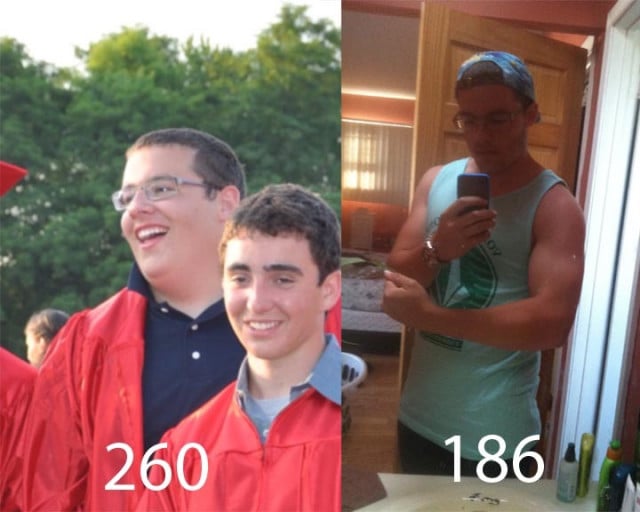 A before and after photo of a 5'9" male showing a weight reduction from 260 pounds to 186 pounds. A respectable loss of 74 pounds.