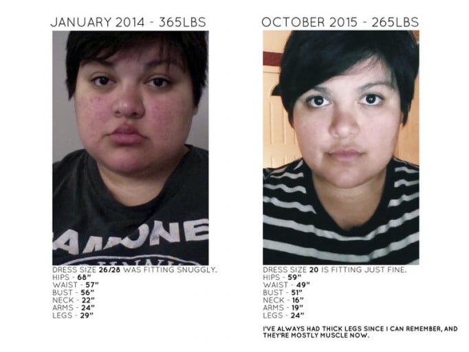 A progress pic of a 5'7" woman showing a fat loss from 365 pounds to 265 pounds. A respectable loss of 100 pounds.
