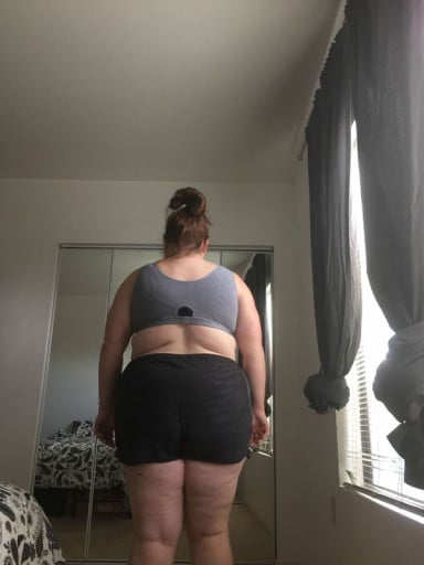A before and after photo of a 5'8" female showing a snapshot of 306 pounds at a height of 5'8