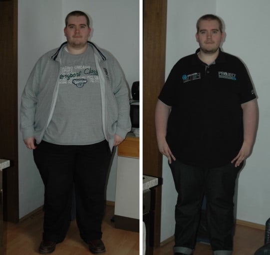 A photo of a 5'9" man showing a fat loss from 442 pounds to 341 pounds. A total loss of 101 pounds.