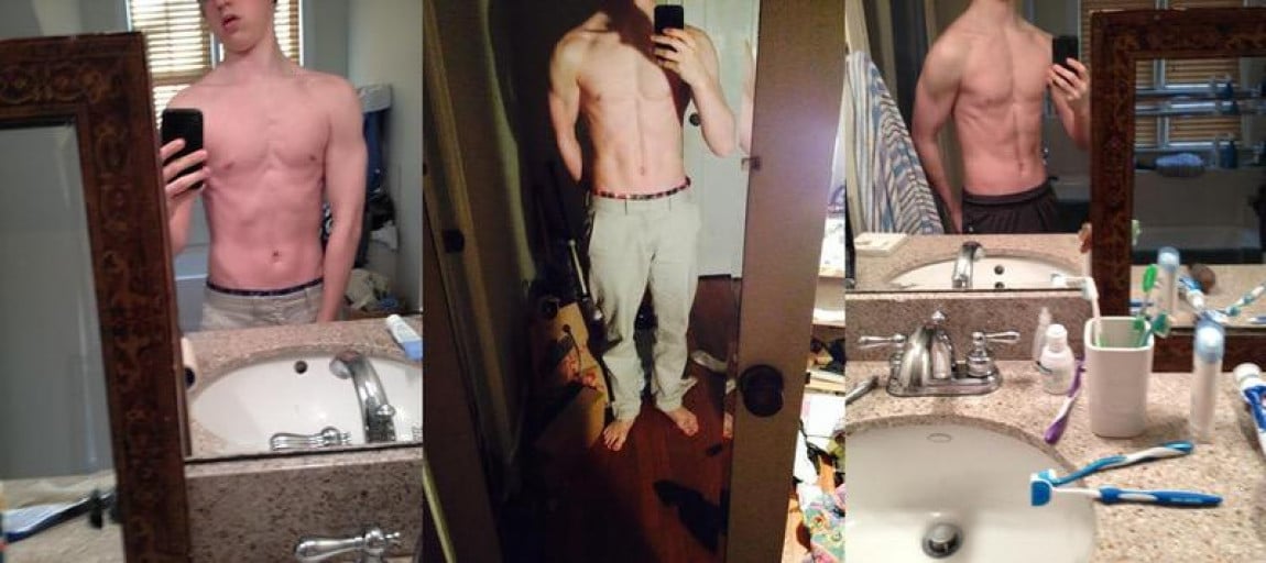 A before and after photo of a 5'6" male showing a muscle gain from 115 pounds to 130 pounds. A respectable gain of 15 pounds.
