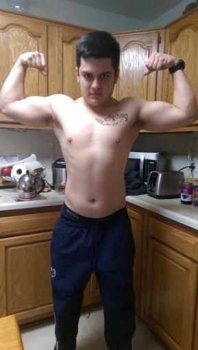 A picture of a 5'9" male showing a muscle gain from 147 pounds to 170 pounds. A net gain of 23 pounds.