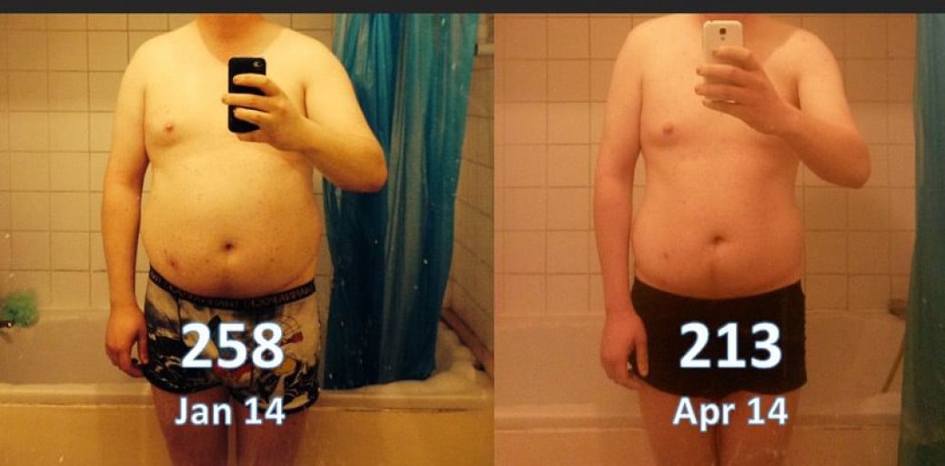 A photo of a 6'2" man showing a weight cut from 258 pounds to 213 pounds. A total loss of 45 pounds.