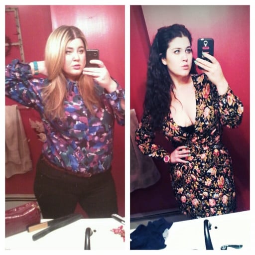 A before and after photo of a 5'7" female showing a weight cut from 252 pounds to 182 pounds. A total loss of 70 pounds.