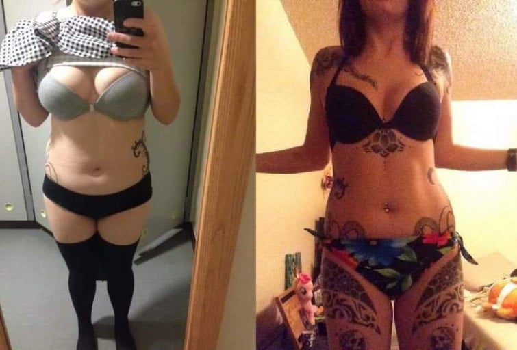 A before and after photo of a 5'3" female showing a weight reduction from 155 pounds to 127 pounds. A net loss of 28 pounds.