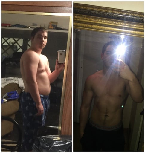 A progress pic of a 5'10" man showing a fat loss from 240 pounds to 188 pounds. A net loss of 52 pounds.