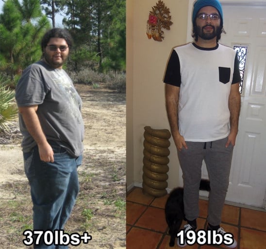 A photo of a 6'1" man showing a weight cut from 370 pounds to 198 pounds. A net loss of 172 pounds.