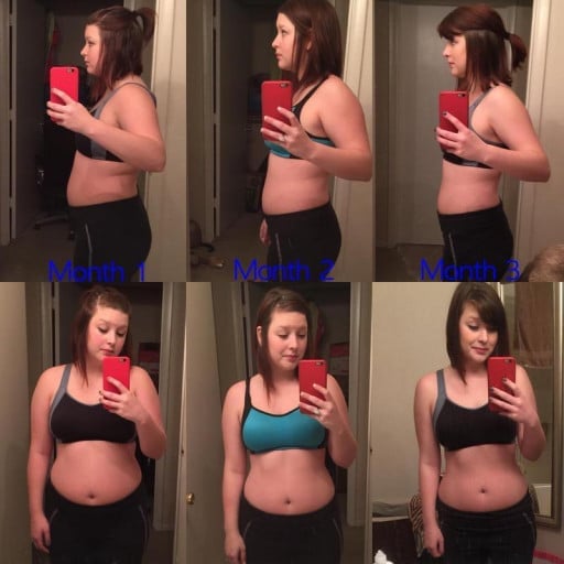 A before and after photo of a 5'4" female showing a weight reduction from 164 pounds to 138 pounds. A respectable loss of 26 pounds.