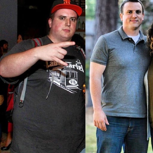 A before and after photo of a 5'11" male showing a weight reduction from 300 pounds to 200 pounds. A net loss of 100 pounds.