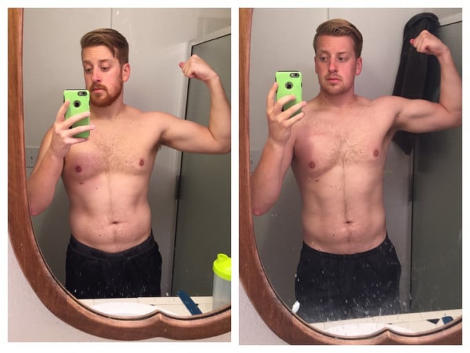 A before and after photo of a 5'11" male showing a weight reduction from 193 pounds to 186 pounds. A total loss of 7 pounds.