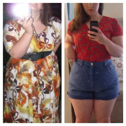A before and after photo of a 5'3" female showing a weight reduction from 220 pounds to 180 pounds. A total loss of 40 pounds.