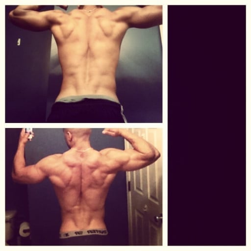 A progress pic of a 5'10" man showing a muscle gain from 185 pounds to 187 pounds. A net gain of 2 pounds.