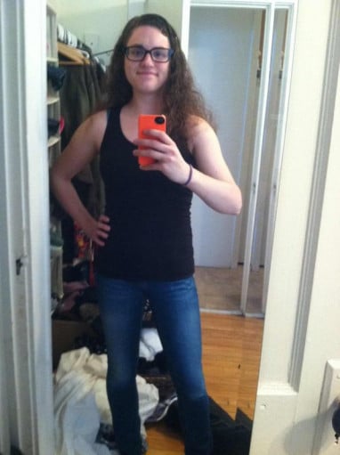 A progress pic of a 5'2" woman showing a weight gain from 140 pounds to 145 pounds. A net gain of 5 pounds.