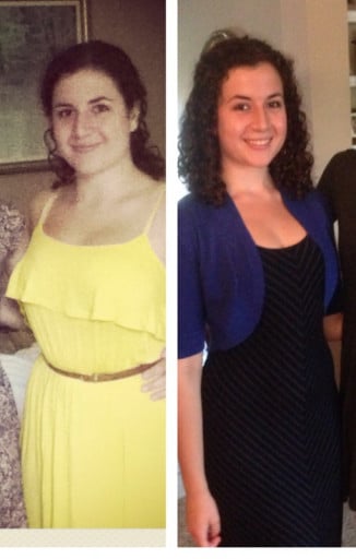 A picture of a 5'4" female showing a fat loss from 159 pounds to 136 pounds. A total loss of 23 pounds.