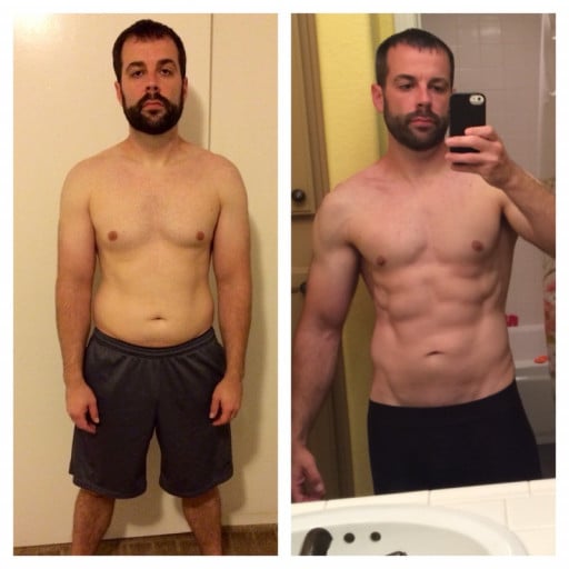 A progress pic of a 5'7" man showing a weight loss from 165 pounds to 149 pounds. A total loss of 16 pounds.